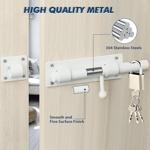 Alise 8 inch Barrel Bolt Latch,Heavy Duty Slide Lock for Barn Door | White SUS304 Stainless Steel Padlock-Style Slide Bolt Latch,Security Gate Latch for Wooden Fence,Interior or Outdoor Door - color: White, size: 8 Inch
