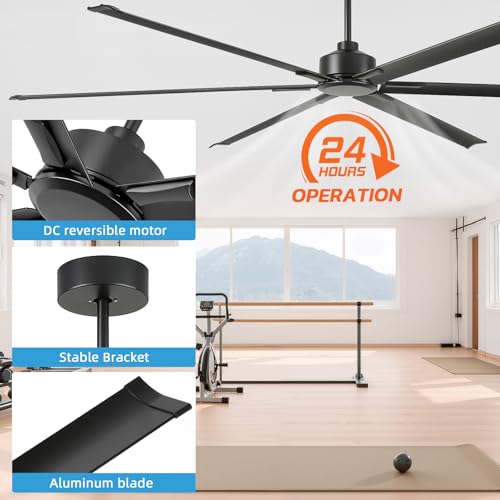 YYEHON 108 Inch Large Industrial Ceiling Fans, HVLS Commercial Black Fan with DC Reversible Motor, 6 Reversible Blades, 3 Downrods, 6-Speed Remote Control, for Shop Gym Garage Warehouse - size: 108 inch
