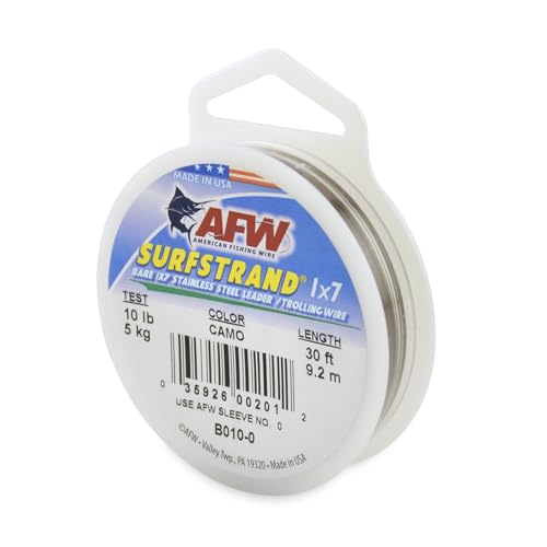 American Fishing Wire Surfstrand Bare 1x7 Stainless Steel Leader Wire - Fishing Leader Line for Saltwater, 20lb Test - 325lb Test in Bright, Camo in 30ft, 300ft, 600ft and 1,000ft Lengths - color: Camo, size: 10 lb / 30 ft