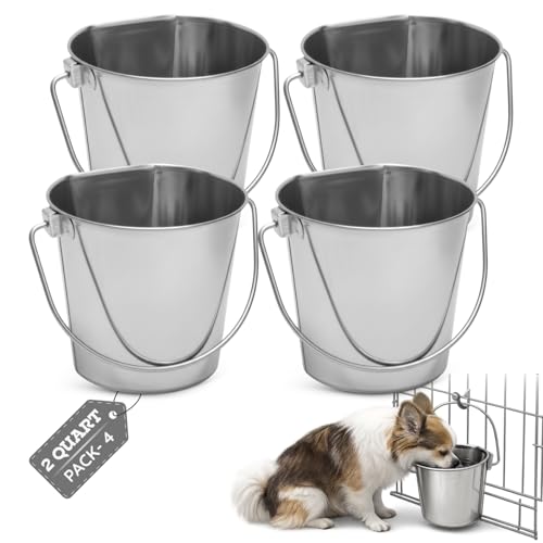 Flat Side Stainless Steel Bucket 2 Quart Hanging Feeding Utility Pail for Small Dog Cat Birds, Fits Kennel Cage Compatible, Heavy Duty Food & Water Feeder, 0.5 Gallon Silver Bucket 4 Pack - size: 2 Quart (Pack of 4)