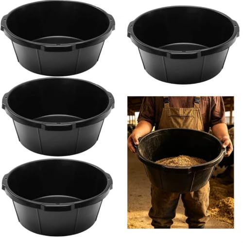4Pcs Rubber Feed Pan,Heavy Duty 6.5 Gallon/26 Quart Horse Feed Bucket Livestock Feeder Tubs with Handle for Horse,Goat,Pig,Farm Livestock Poultry