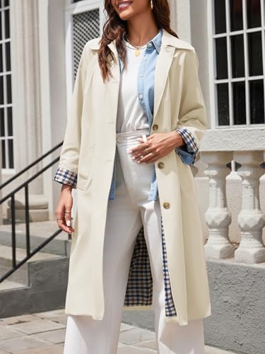 Tankaneo Womens Long Oversized Single Breasted Windproof Trench Coat | Plaid Lining, Lightweight, Trendy，Button down, Fall fashion,Outerwear - color: Apricot, size: X-Large
