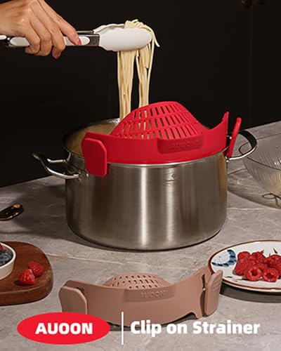 AUOON Pot Strainer Clip on Silicone, Large 10.45 x 4.33 in, Almond Rose | Fits Pots Pans Bowls, Dishwasher Safe, for Pasta Noodles Vegetable Fruits, Space-saving Kitchen Gadget - color: Almond Rose, size: Large 10.45 x 4.33 in