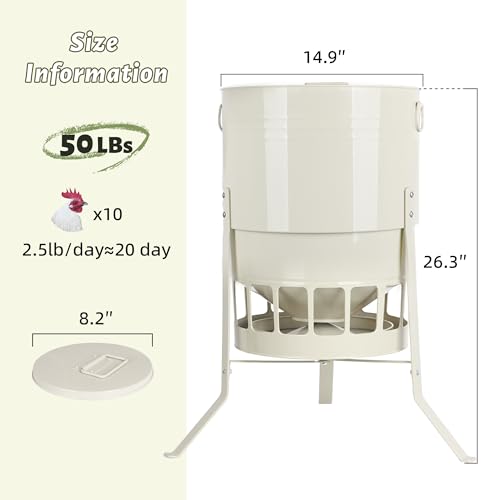 KOL Chicken Feeder No Waste for Coop & Outdoors, 16 Port 50lbs Poultry Feeder with Spill-Control Design, Rust-Proof Powder Coated Metal & Smooth Safe Edges (Jade White) - color: Jade White