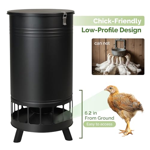 Solution4Patio 65 LB Large Chicken Feeder No-Waste, Portable Gravity Chicken Feeder Automatic, Dispenser, 16 Feeding Ports Poultry Feeder, Hen Coop (Black)