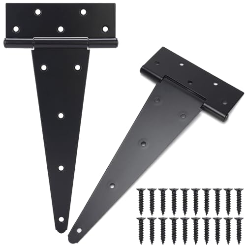 12 Inch T-Strap Gate Hinges, Shed Barn Door Hinges Heavy Duty, Black Tee Hinges for Wooden Fences, Yard Gate, Wrought Hardware Iron Rustproof (2 Pack/Set) - size: 12 Inch