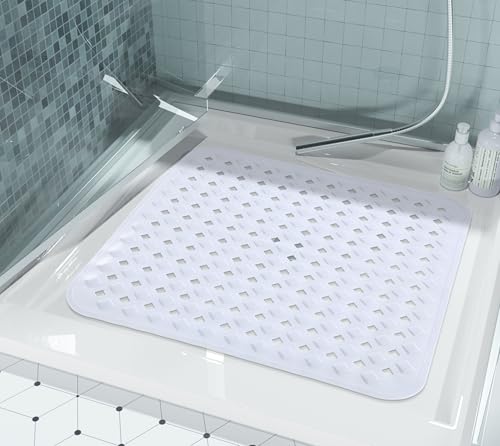 Yimobra Square Shower Mat Non Slip, Super Strong Suction Cups, 21"X21" Bath Tub Mat with Drain Holes, Machine Washable Fast Draining Bath Mats, Bathroom Essentials,White - color: White, size: 21 X 21 Inch