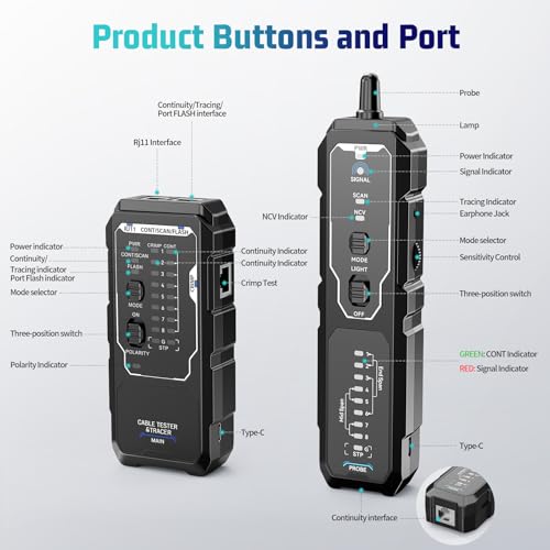 Network Cable Tester, RJ45 RJ11 Wire Tracer & Ethernet Tester, CAT5 CAT6 CAT6a CAT7 UTP STP, PoE NCV Crimp Test, 9-Wire Shield, Polarity, Line Finder for LAN Cable Maintenance