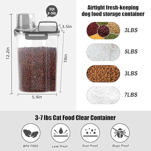 LEAWALK 3-5Lbs/3Qt Dog Cat Food Storage Container With Foldable Bowl. Plastic Pet Food Dispenser for Small Animal Kibble/Pet Food/Bird Seed/Oatmeal/Rice/Flour/Brown Sugart/Cereals (Clear Black) - color: Clear Black, size: 3L-1pack