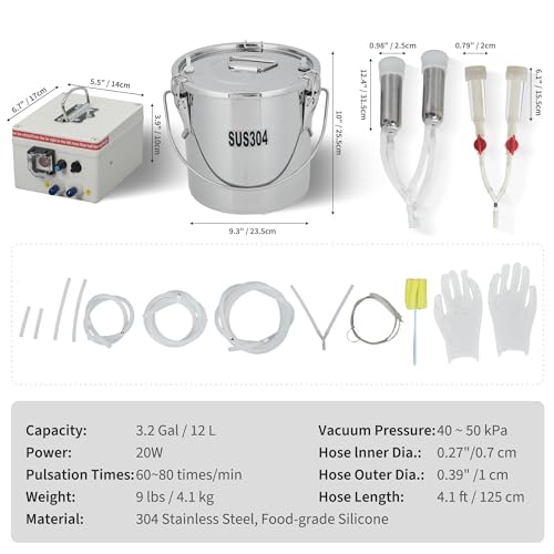 12L Electric Milking Machine for Cows & Goats – Portable Automatic Pulsation Milker – Stainless Steel Bucket – 4 Safe-Grade Silicone Teat Cups – Rechargeable 12V 8000mAh Battery - size: 12L