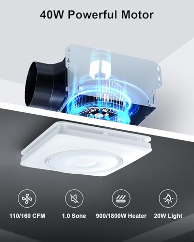 GROWNEER Bathroom Exhaust Fan with Bluetooth Speaker and Heater, Quiet Exhaust Ventilation Fan with Light & Remote 110/160 CFM 1.0 Sone, 9 RGB Modes, 1500lm 3-CCT & Nightlight - style: Bluetooth & Heater