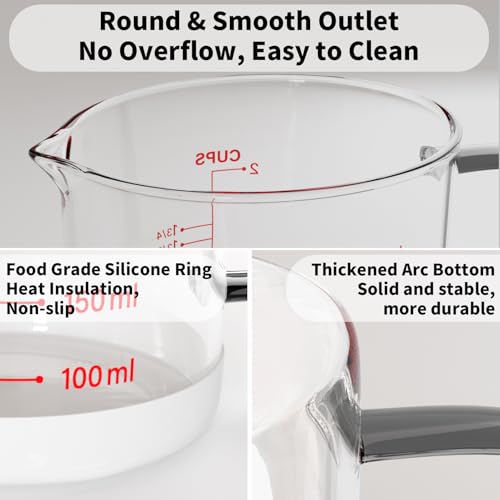 Newness 2-Cup Glass Measuring Cup For Baking and Cooking, (Upgraded, 3 Marking Including Cup/ML/Ounce Scale) Dishwasher, Freezer, Microwave, and Preheated Oven Safe, Essential Kitchen Tools - color: Red Measuring Scale, size: 500ML
