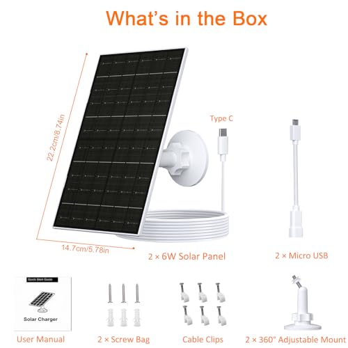 FUTUREZEN 6W Solar Panel for Arlo Essential 2K/XL/Spotlight Cam, 2 Pack | USB-C and Micro USB plugs, 5V output, IP66 waterproof, 360° adjustable mount, 7.2ft cable