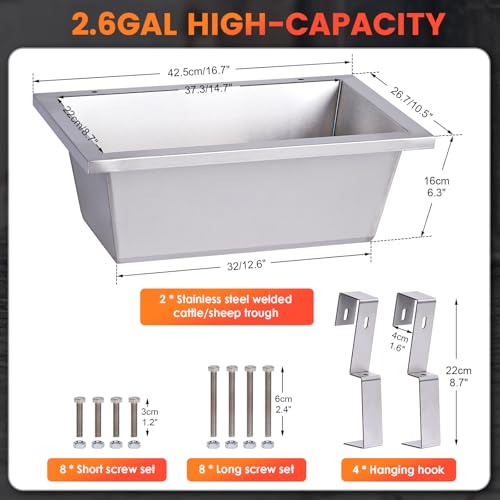 Livestock Water Trough Feeding Trough Set Goat Feeder Hanging 2.6Gal Stainless Steel Horse Trough,Chicken Feeder for Dog Livestock Deer Poultry Duck Sheep Feeding Container Piglet Feeders