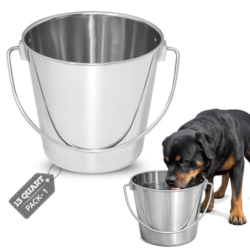 13 quart Heavy Duty Stainless Steel Round Bucket with Handle | 3.25 gal Sturdy Food & Water for XXL Dogs Goats sheep Horse & Livestock | Fits kennel Crate Cage Farm | Hanging Utility Pail - size: 13 Quarts