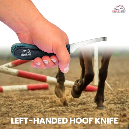 Left-Handed Narrow Farrier Hoof Knife, Horses, Ponies, Minis | Narrow hoof knife for detail trimming; J2 stainless steel blade; smooth blue layered handle; right- or left-handed - style: Left-Handed