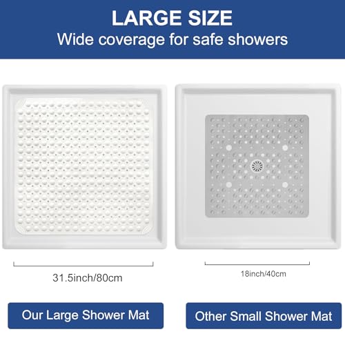 Square Shower Mat Non Slip: 32" x 32" Large Shower Mats for Inside Shower - Soft TPE Cuttable Anti Slip Shower Floor Mat with Drain Holes and Suction Cups - color: White