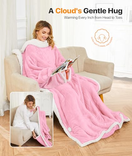 SIHOHAN Heated Throw Blanket with Foot Pockets for Women | Flannel & Sherpa, 8 Heat Levels & Timer, Portable for Home Office Travel, Machine Washable, Pink - size: 50*70 Pink