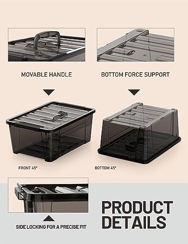 WYT 5-Quart Small Plastic Storage Container Bin with Secure Lids and Latch Buckles, Black Clear Durable Stackable Nestable Organizin, 6-Pack - color: Black