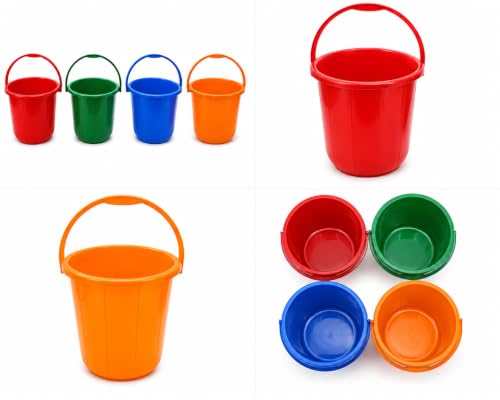 16 Liter Plastic Buckets with Handle (4 Pack) – 12 Inch Multi-Purpose Utility Buckets for Cleaning, Laundry, Gardening, Storage & Household Use – Red, Green, Orange & Blue