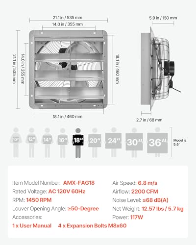 VEVOR 18 Inch Shutter Exhaust Fan Wall Mounted Automatic Louvers Silver, Sturdy Steel Housing, 3051 CFM Low Noise, AC Motor, Ventilation and Cooling for Attic, Garage, Barn, Greenhouse, Workshop - size: 18 Inch