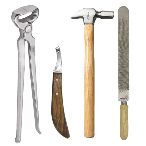 4 PCS Farrier Horse Hoof Kit with 12 Inch Hoof Nippers, Hoof Rasp, Hoof Knife & Wooden Hammer – Professional Hoof Trimming & Maintenance Tools for Horses, Durable Farrier Set for Hoof Care