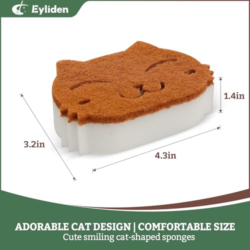 Eyliden Cat Scrub Sponges, 6 Pack, Plant-Based, Dual-Sided | Dish Sponges for Kitchen & Bathroom, Non-Scratch Cleaning for Dishes, Pots, Pans, Glassware