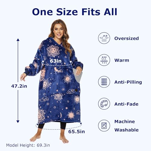 THREE POODLE Wearable Blanket Hoodie, Oversized Sherpa Sweatshirt Blanket for Adults Women Men, Warm Cozy Hooded Blanket, Gifts for Mom Girlfriend - color: Deep Blue Star, size: Adult-Extra Long