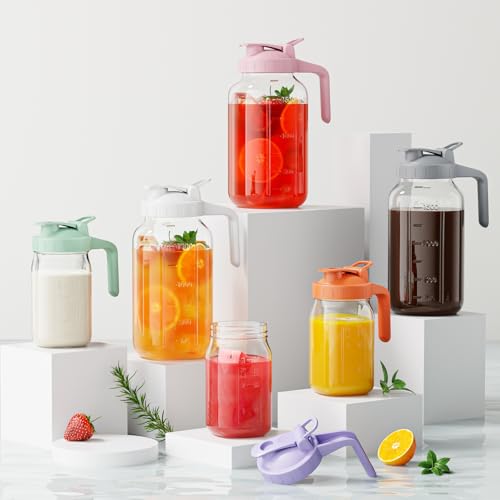 Glass Pitcher with lid, 64 oz Wide Mouth Mason Jar | Dual leak-proof lid, heavy duty glass design, pour spout and handle for cold brew coffee, sun tea and iced drinks - color: Gray, size: 64 Ounces