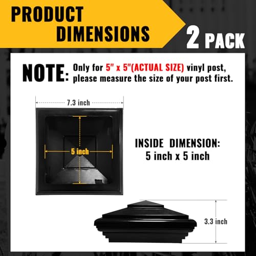 VIVIDA 5 Inch Vinyl Fence Post Caps, Black New England PVC Post Caps, 2 PCS | Actual 5" x 5", New England Pyramid Post Cap, Plastic Square Post Topper, For Vinyl Fences, Mailboxes & Decks - color: Black-2 Pack, size: Actual 5" x 5"