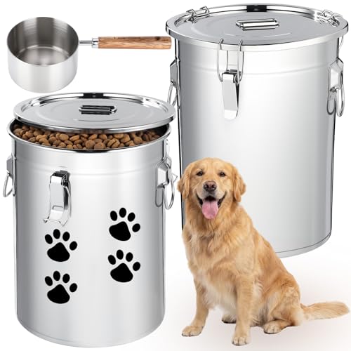 Lounsweer 2 Pack 7 Gal Stainless Steel Dog Food Storage Container with Lid and Locking Clamp 28 L Metal Airtight Container Large Stainless Steel Bucket with Food Scoop for Pet Feed - size: 28 L