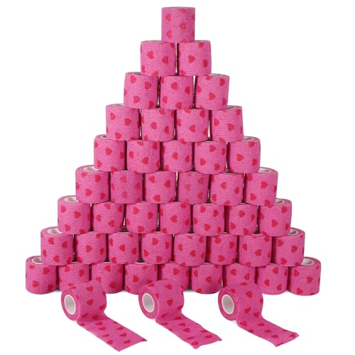48 Pack Self Adhesive Bandage Wrap, 2” x 5 Yards Cohesive Medical Tape Elastic Grip Tape Black Sports Tape Athletic for Ankle, Wrist Sprains, Pet First Aid (Pink-Heart) - color: Pink-heart
