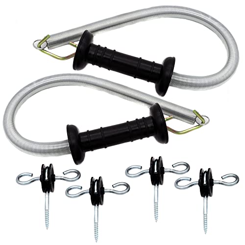 2 Set Electric Fence Spring Gate Handles Kit | Electric Fence Handle Set with Anchors, 16-Feet Tension Spring, Black