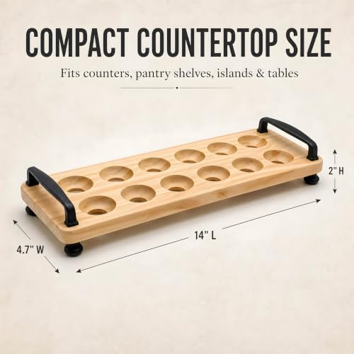 Wooden Egg Holder for Countertop, 12 Eggs Farmhouse Storage Tray | Natural solid pine wood, waterproof coating, rustic countertop egg storage display, black iron handles with ball feet