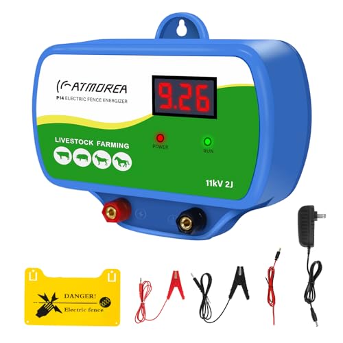 Electric Fence Charger 11kV Powerful Energizer ，2 Joules Energy Output with LED Display - Multi-Powered Ideal for Livestock, Pet, Poultry, Gardens, Orchards Protection