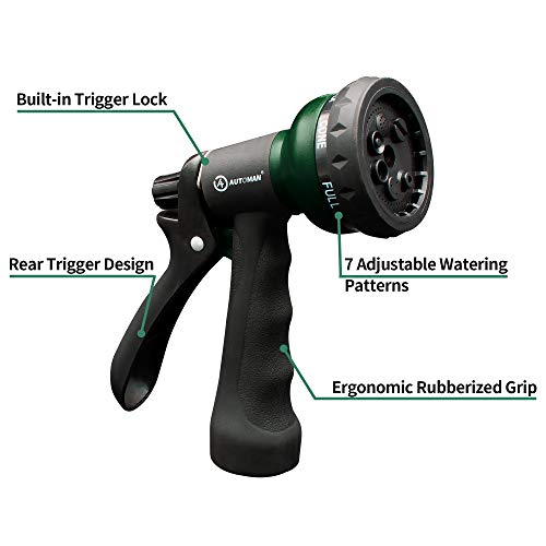 AUTOMAN-Garden-Hose-Nozzle, ABS Water Spray Nozzle with 7 Adjustable Watering Patterns, Slip Resistant for Watering Plants, Lawn& Garden, Washing Cars, Cleaning, Showering Pets & Outdoor Fun. - color: Dark Green