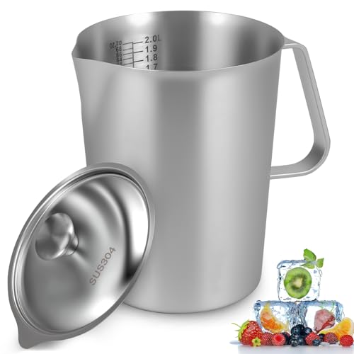 1 Pcs 2L/70 oz Large Stainless Steel Pitcher with Lid, Metal Measuring Cup with Handle & Scales, Wide Mouth Graduated Beakers, Milk Frothing Jug Metal Pitcher for Coffee Latte Art, Hot/Cold Water