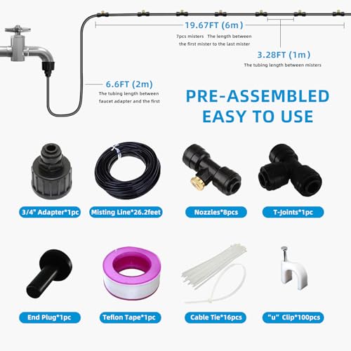 Chicken Coop Misting Cooling System,Misting Hose for Patio with 26FT Misting Line + 8Mist Nozzles +3/4" Adapter& T-Joints Perfect for Cooling Chicken Coops During Summer