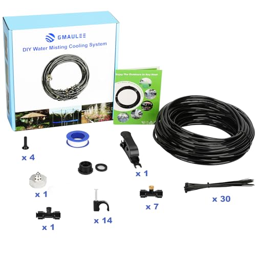 GMAULEE Misting Cooling System, DIY 33FT(10M) Misting Line +7 Brass Mist Nozzles+ a Brass Connector(3/4'') Outdoor Mister System for Patio Waterpark Garden Trampoline Greenhouse - size: 33 ft (10M)+7 Brass