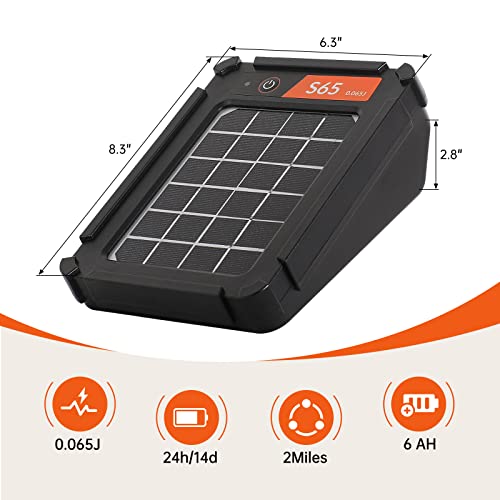 S65 0.065J Solar Electric Fence, 2 Miles Solar Fence Charger for Preventing Bears, Raccoons, Skunks Intruding, Solar Electric Fence Charger with Grounding Rod
