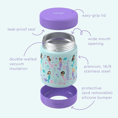 Bentgo Kids Stainless Steel Leak-Proof Food Jar for Hot or Cold Food | 11 fl oz Double Insulated Container with Removable Silicone Bumper, Dishwasher Safe, Easy Open Lid, Ages 3+ (Mermaids) - color: Sea Life