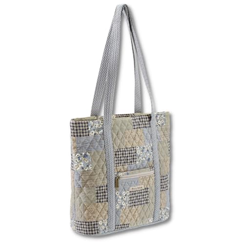 Bella Taylor Large Tote, Quilted Shoulder Bag for Women | Lightweight, 6-pocket large quilted purse, machine washable, zippered top, ultimate organization, durable construction - color: Khaki Patchwork