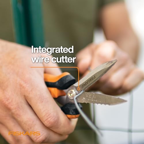 Fiskars 8" SoftGrip Pruning Shears, Multipurpose Garden Snips with Sheath | Heavy-Duty Scissors with Outer Serrated Edge, SoftGrip Handle, Great for Cutting Nursery Pots, Soil Bags & Wire - style: Snips