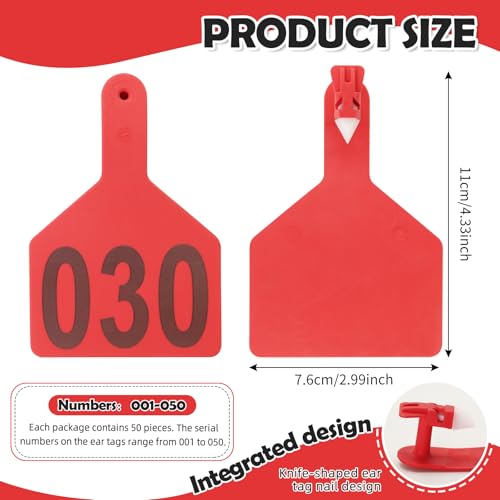 One-Piece Cattle Ear Tags 001-050 Number TPU Large Size Animal Identification Tags Cattle Livestock Ear Tags for Cows Hogs Sheep Tagging Farm Animal Supply (001-050, Red) - color: Red