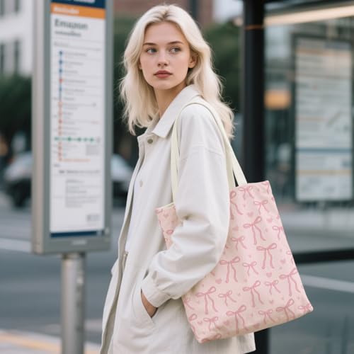 Aesthetic Canvas Tote Bag for Women - with Magnetic Snap Closure & Zipper Inner Pocket Reusable Totes Bag - color: Bow1