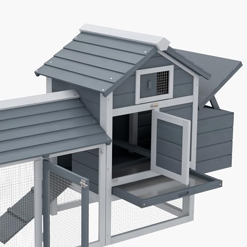 PawHut Grey Small Solid Wood In Ground Poultry Cage with 2 Doors, Nesting Box and Removable Tray D51-108GY | Hen House Poultry Cage, 2 Doors, Nesting Box, Removable Tray - color: Gray