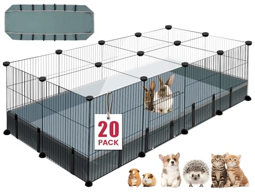 VISCOO 20 Panels Small Animal Playpen, 48" x 24" x 16" Rabbit Cage | Guinea Pigs Cages with Waterproof Mat, C&C Cage for Guinea Pigs,Bunny/Puppy/Pen Indoor Outdoor Portable Metal Fence - color: Black, style: 20 Panels - 48"L x 24"W x 16"H