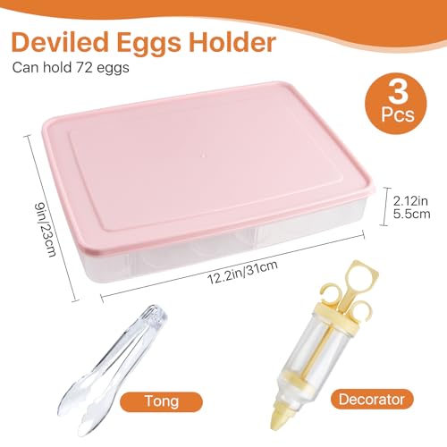 3 Pcs 72 Count Deviled Egg Containers with Lid and 8 Pcs Deviled Egg Injector Piping Tool & Tong, Portable Storage Carrier Egg Holder, Fridge Stackable Deviled Egg Tray Plastic Egg Organizer