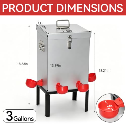3 Gal Galvanized Steel Poultry Waterer, Automatic Poultry Waterer | Chicken Waterer with 4 Water Cups, Reinforced Base & Secure Latch, Heavy Duty Watering System for Backyard Chickens Ducks