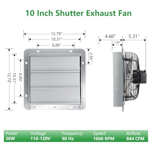 Louvered Exhaust Fan, 10 inch Wall Mount Shutter Fans w/Speed Controller,844 CFM,Chicken Coops Vent Fan for Greenhouse, Gable, Barn, Garage, Shed Ventilation Fan - color: With Speed Control, size: 10 inch